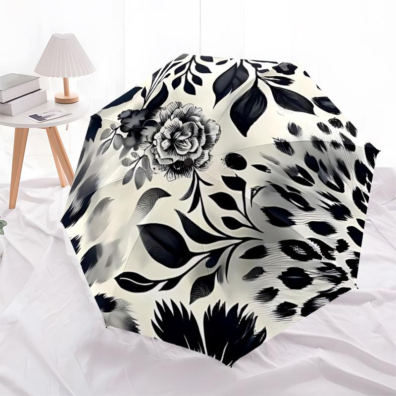 1pc Leopard Floral Automatic Folding Umbrella with 8-Rib Windproof Design, Portable Foldable Sunshade Umbrella For Halloween 009