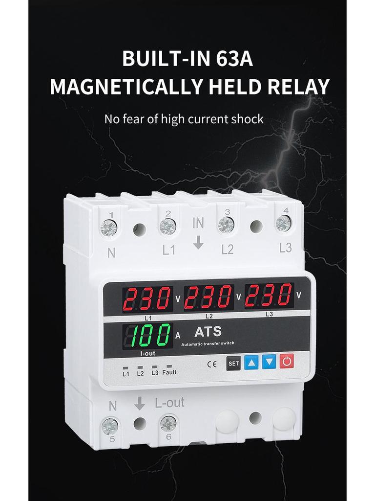 Three-Phase Over/Under Voltage Protector with ATS, 63A/80A/100A, 4-Display