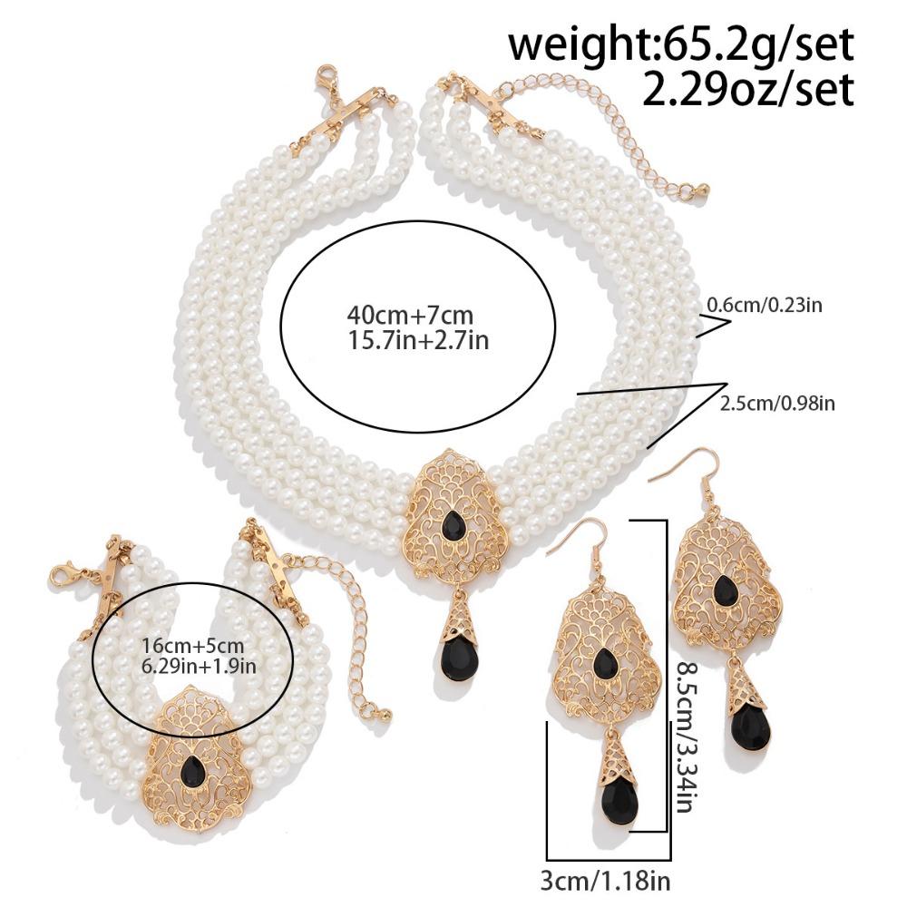 Multilayer Pearl Beaded Bracelet Shiny Necklace Earring Set Temperament Bridal Jewelry Set  Lady