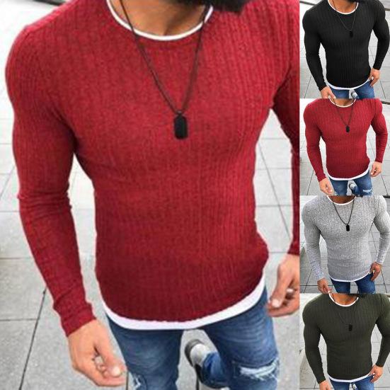 Fashion Men Color Block Patchwork O Neck Long Sleeve Pullover Knitted Sweater