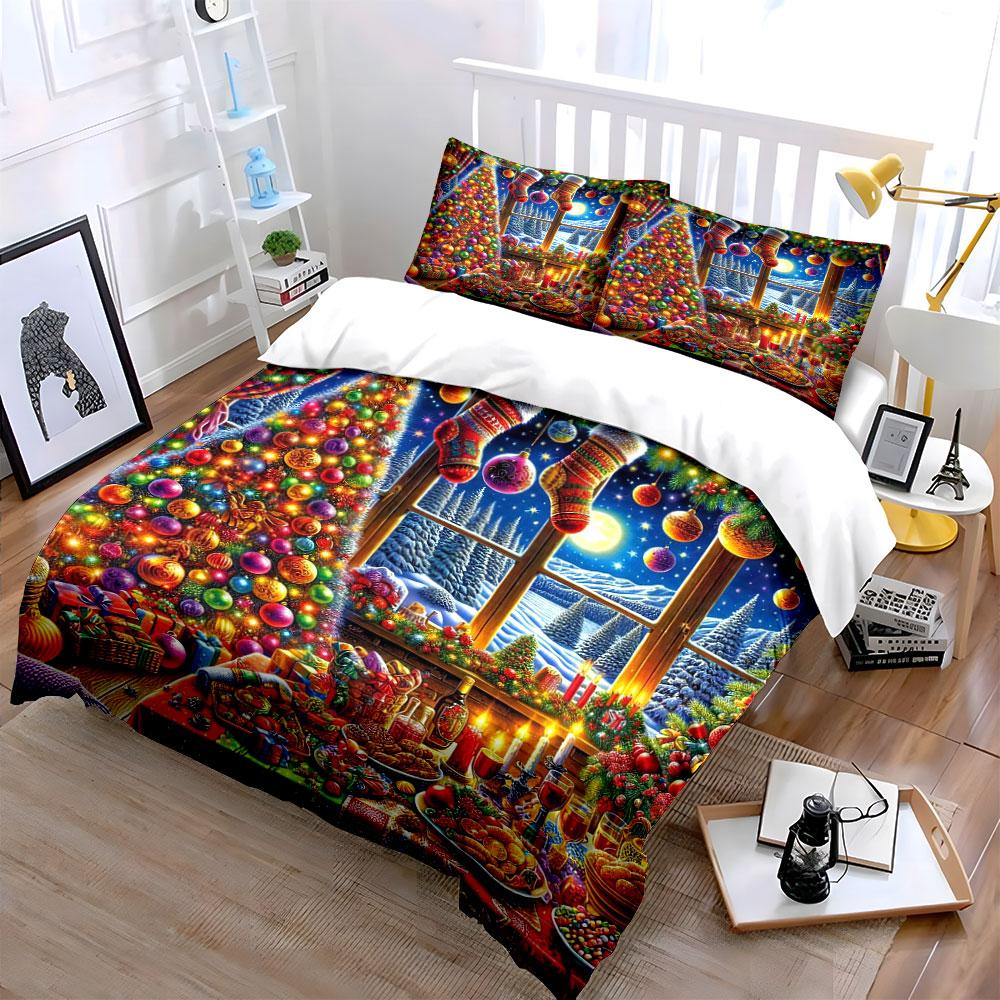 Christmas Decor and Feast Scene Bedding Duvet Cover Set Duvet Cover Pillowcases (1*Duvet Cover 2*Pillowcases, Without Duvet Insert)
