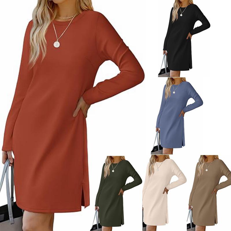 

2024 Women s Casual Long Sleeve Slit Hem Dress with Round Neck Extra Large