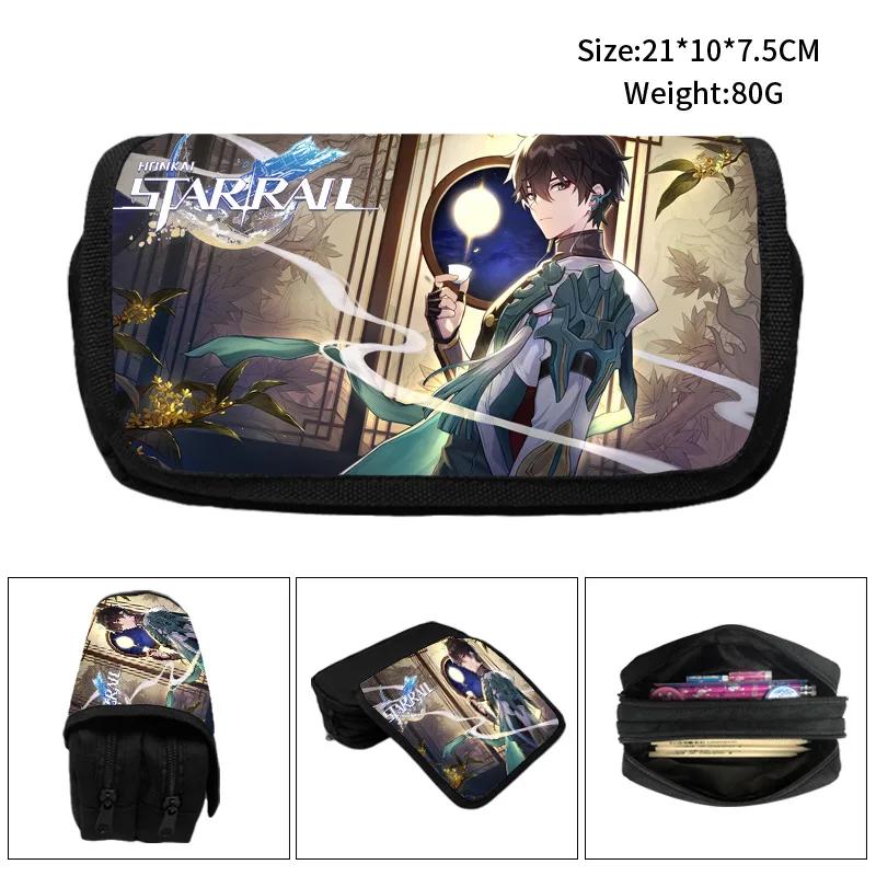 Honkai Star Rail Pencil Bags Large Capacity Zipper Canvas Pencil Cases Silver Wolf Luocha Pom-Pom School Supplies Stationery