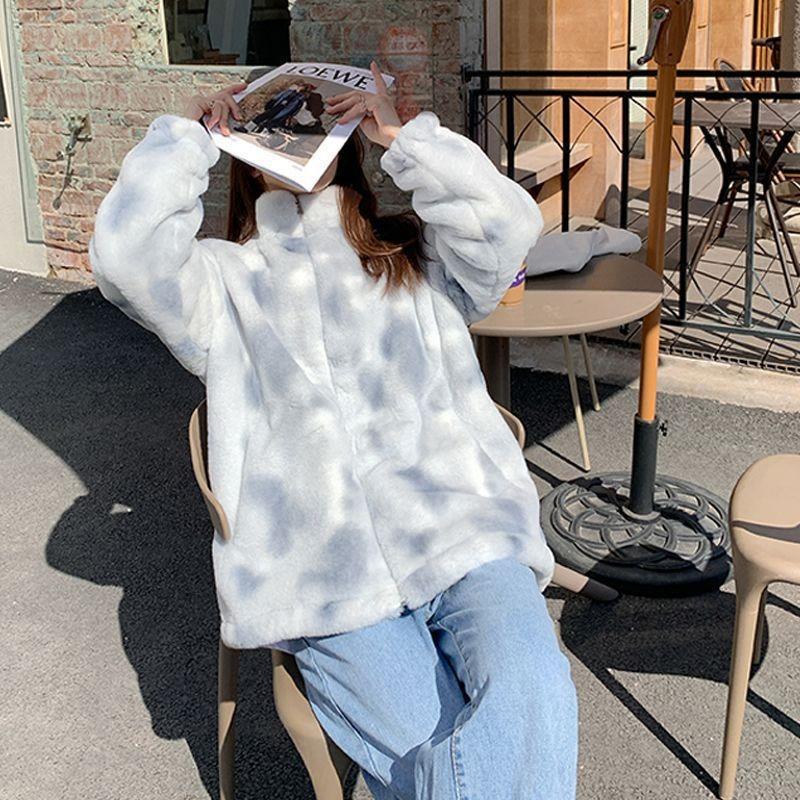 New Lamb Plush Imitation Leather Jacket Women's Tide Autumn and Winter Loose Furry Stand-up Collar Sweater