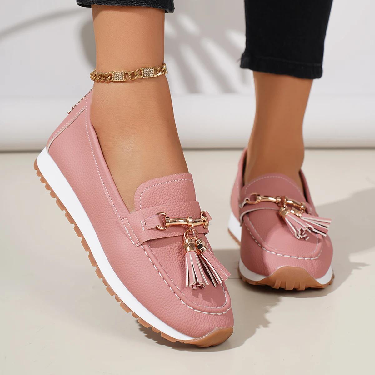 

Fashion Fashion Tassel Decoration Slip On Loafers Women 2025 Summer Round Toe Wedge Low Heel Pumps Soft Sole Non Slip Casual Shoes 36 рожевий