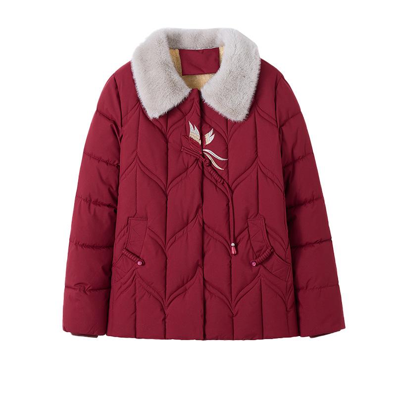Cotton jacket women's short plush lapel embroidered buckle middle-aged and elderly temperament is versatile, lined with fleece cold clothing