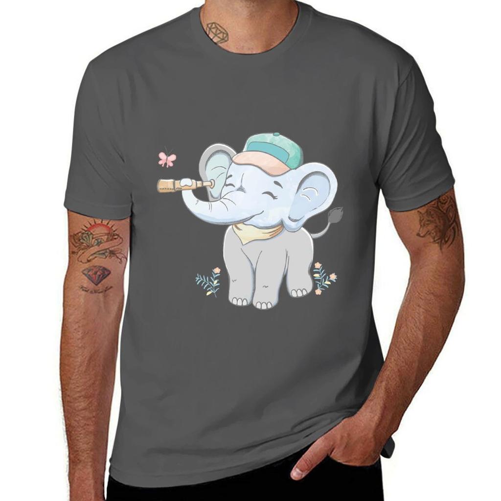 Cute Baby Elephant Discovering with Binoculars TShirt UV Sun Protection Tee Shirt