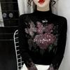 De Rong Women's Autumn/Winter Semi-High Neck Long-Sleeve Rhinestone T-Shirt