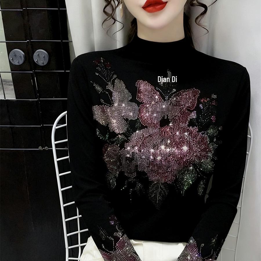 De Rong Women's Autumn/Winter Semi-High Neck Long-Sleeve Rhinestone T-Shirt