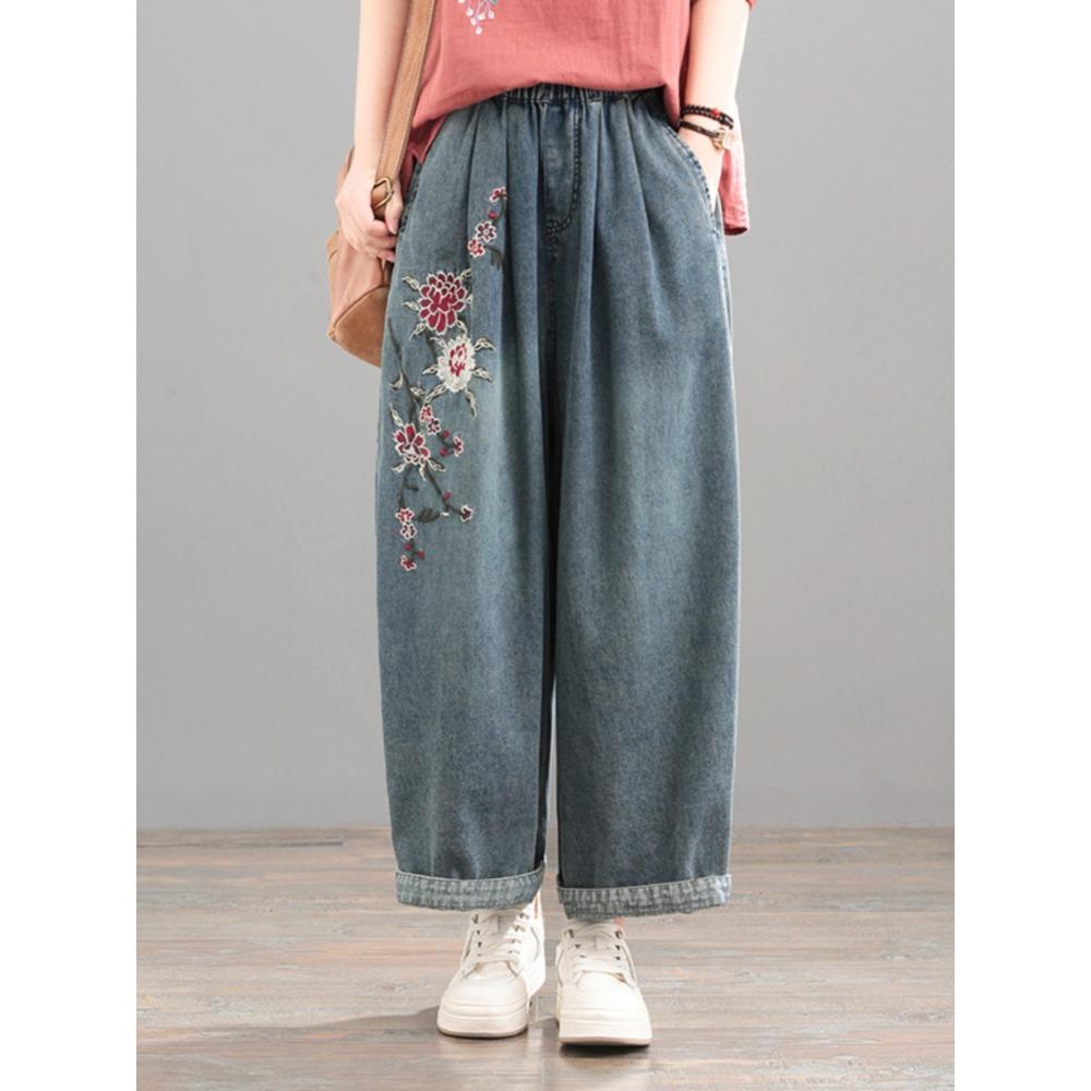 Dimanaf 2025 Sommer Damen Jeans Lässig Bestickte Blumen Haremshosen Hohe Taille Elastische Grundlegende Lose Haremshosen