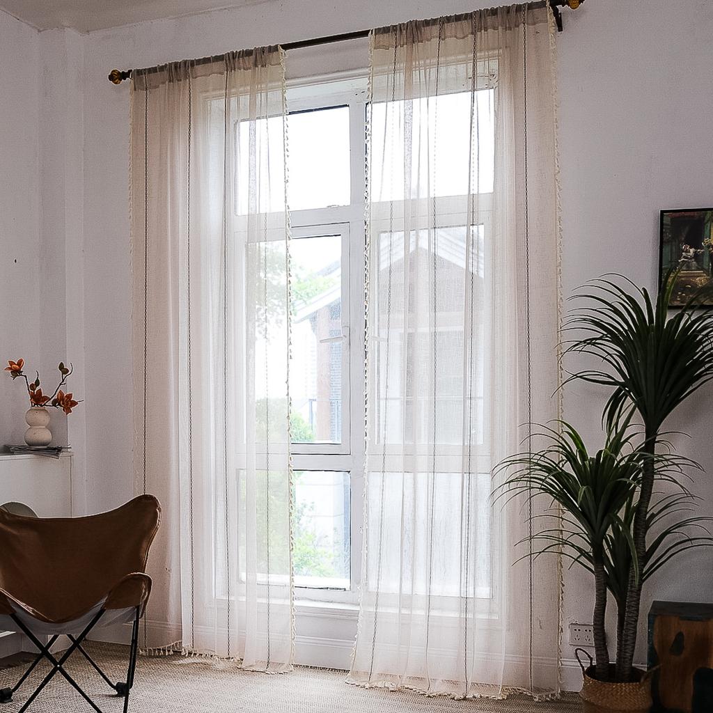 Curtain Finished Living Room Bedroom Decoration American Rod Pocket Stripe Three-Dimensional White Window Screen Curtain