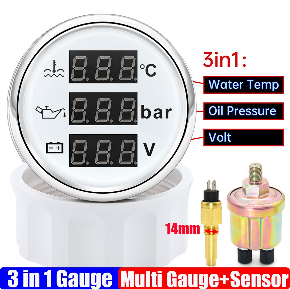 3 In 1 Digital 52mm Gauge with Alarm 0~120℃ Water Temperature Gauge+Oil Pressure+Voltage with Oil Press/Water Temp Sensor