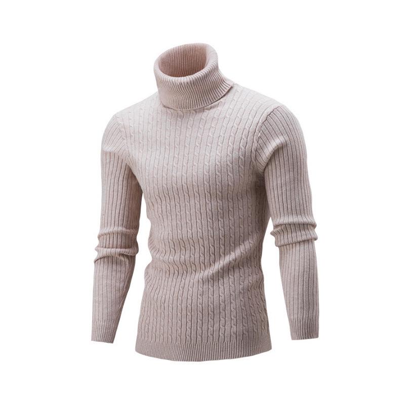2025 Spring And Autumn New European And American High Neck Men'S Solid Color Twisted Flower Sweater Youth Long Sleeve Knitted Sweater