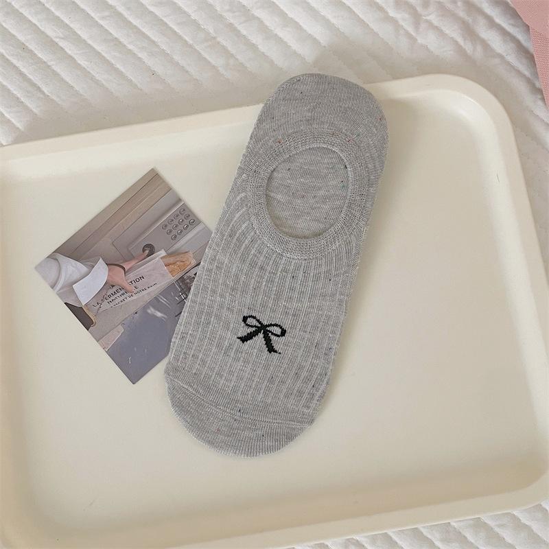 Summer Thin Dot Yarn Bow Boat Socks, Low-top Shallow-mouth Invisible Socks for Women, Anti-slip, Simple, Pure Cotton, No Heel Drop