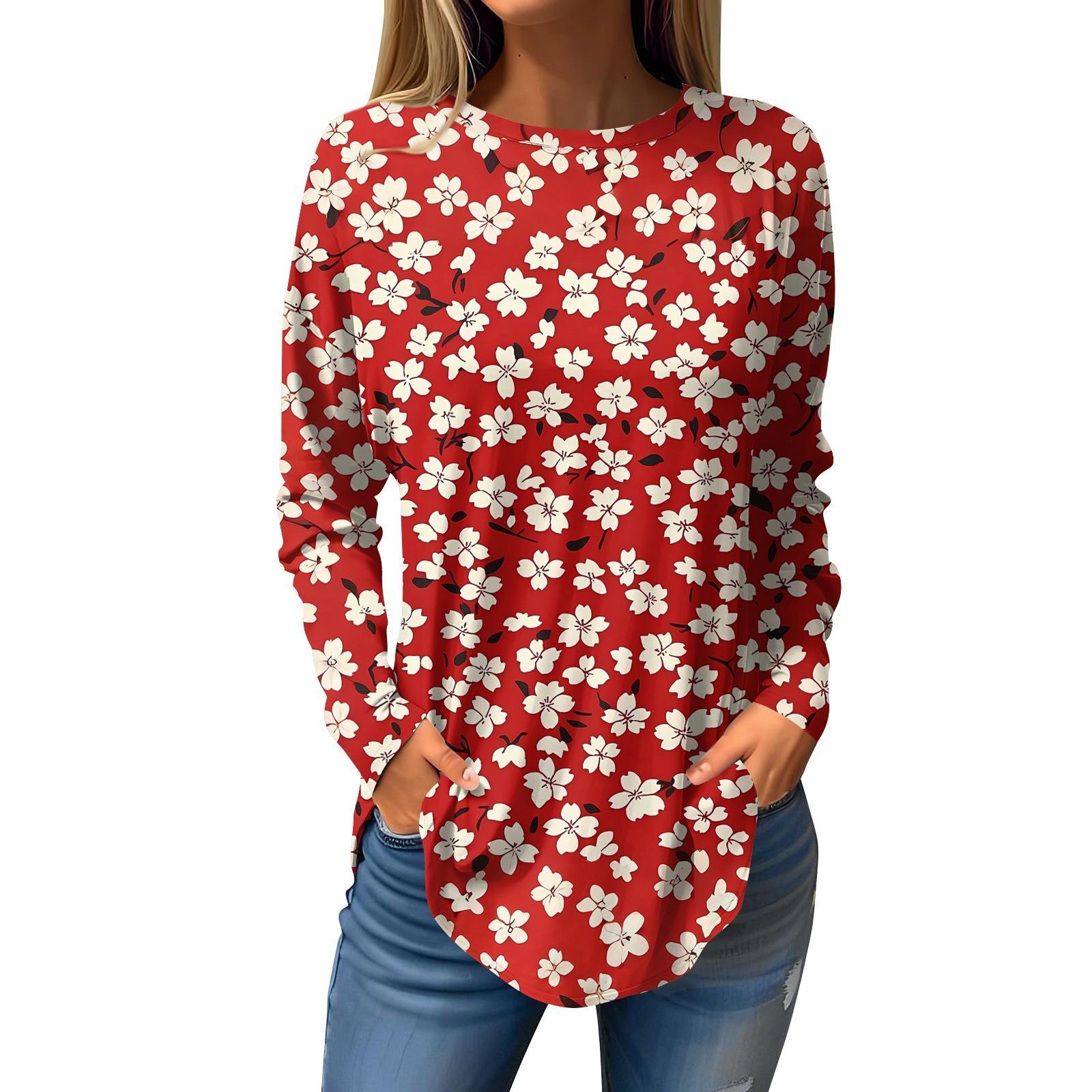 

Women s Loose Round Neck Print Long Sleeve T-Shirt Top Pullover S винный