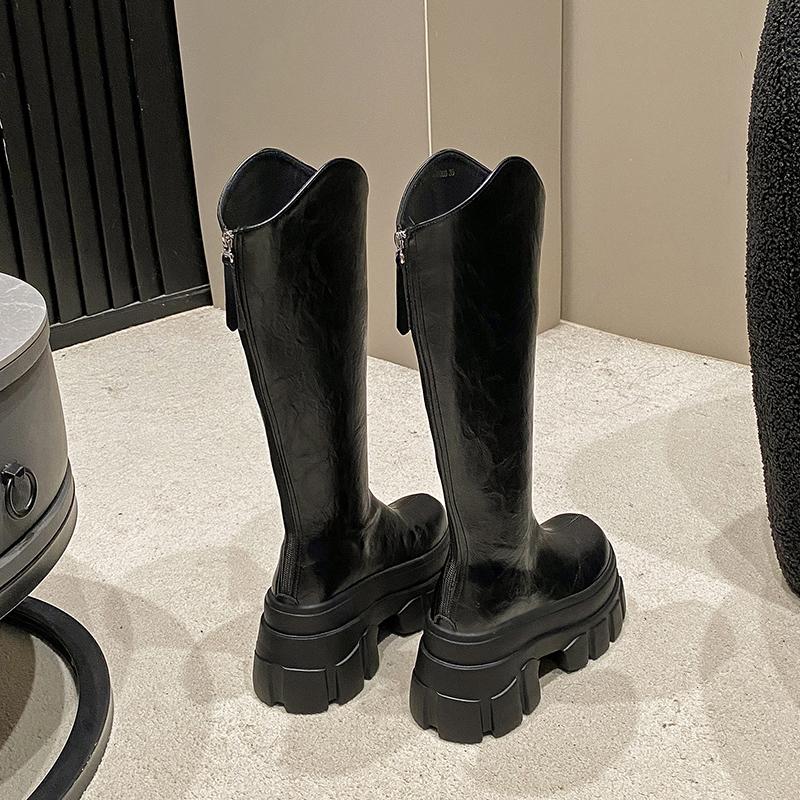 Women Chunky Leather Long Boots 9CM High Heels New Winter Knee High Boots Warm Fur Punk Shoes Platform Motorcycle Booties Woman