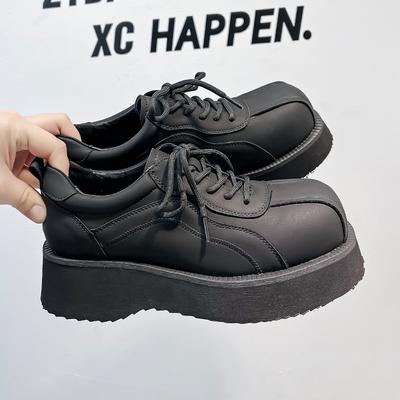 Thick-soled Heightening Derby Shoes Men's High-end Big Head Leather Shoes 2024 New Casual Matte Black Leather Shoes 20255-E