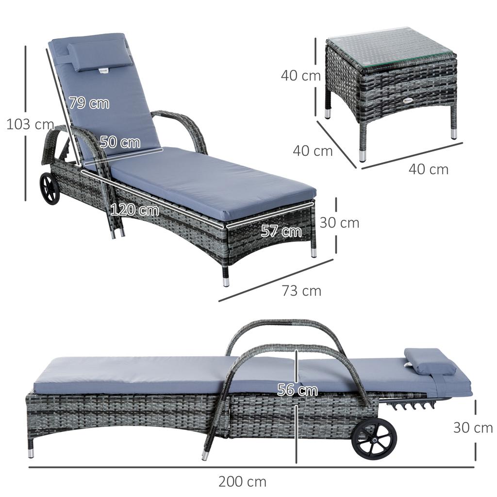 Garden Furniture Set, 3-Piece, Sun Lounger and Table, Polyrattan and Metal, Grey