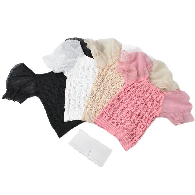 2025 Summer Women's French Square Neck Hollow-Out Puff Sleeve Knit Top