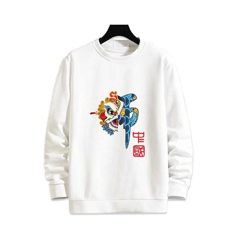 Mens Loose Fit Round Neck Sweatshirt Chinese Print Fleece Lined Casual Winter Top Teens