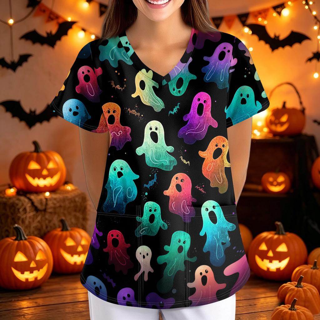 Women's Halloween Print Loose Fit V Neck Short Sleeve Medical Scrub Top with Pockets for Healthcare Professionals Nurse Uniform