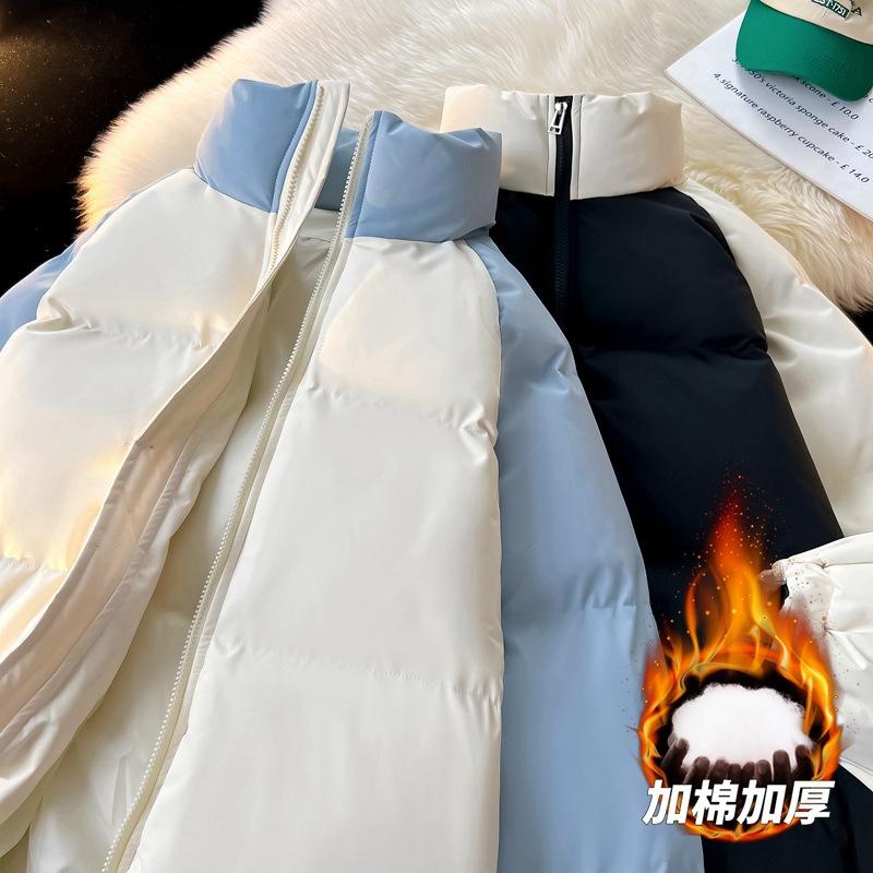 New Cotton Clothes Men's Stand-up Collar Trendy Hooded Trendy Brand Bag Clothes Color Matching Thickened Thermal Cotton Clothes Couple Waterproof