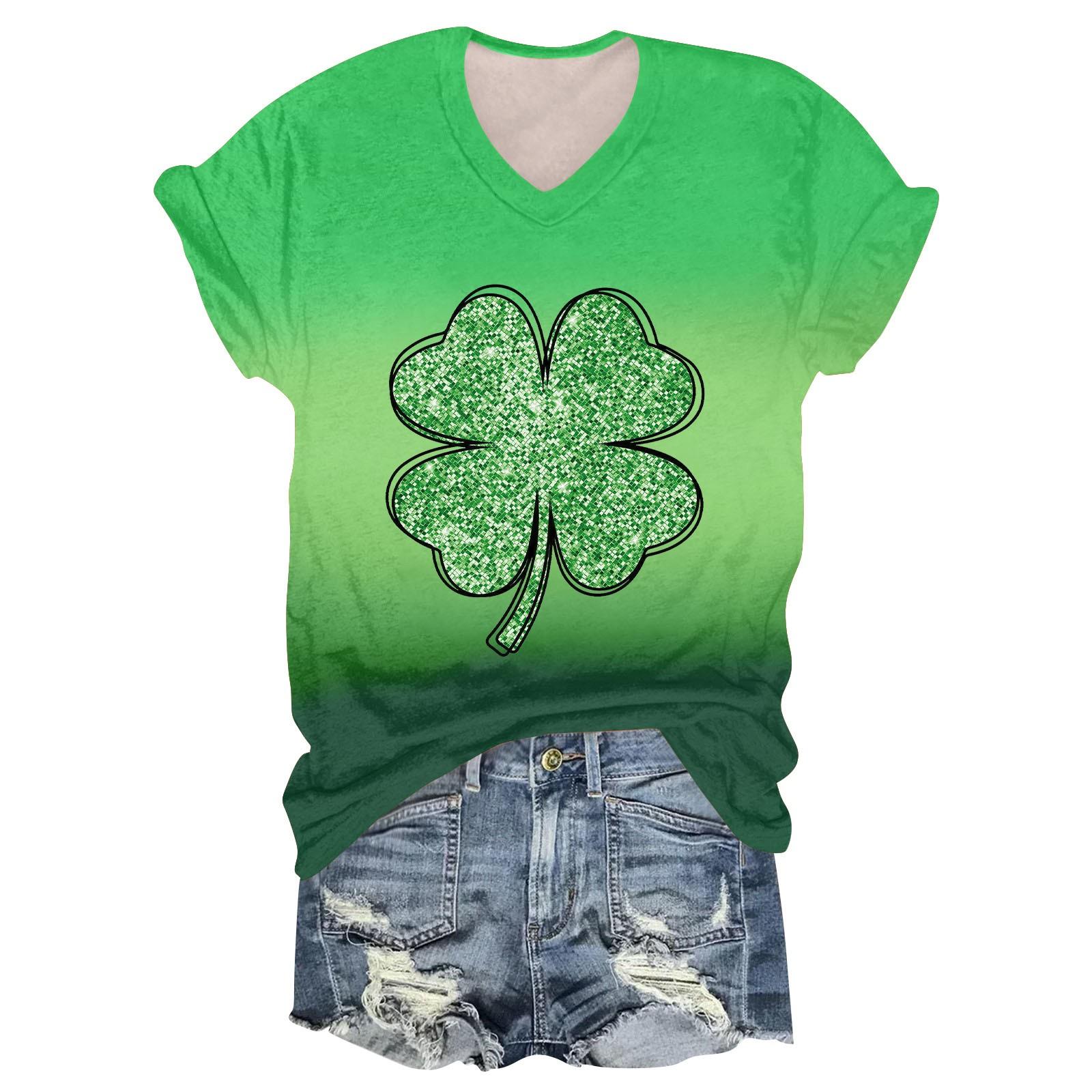 

Женская мода студенческая футболка с короткими рукавами и V-образным вырезом ко Дню Патрика M