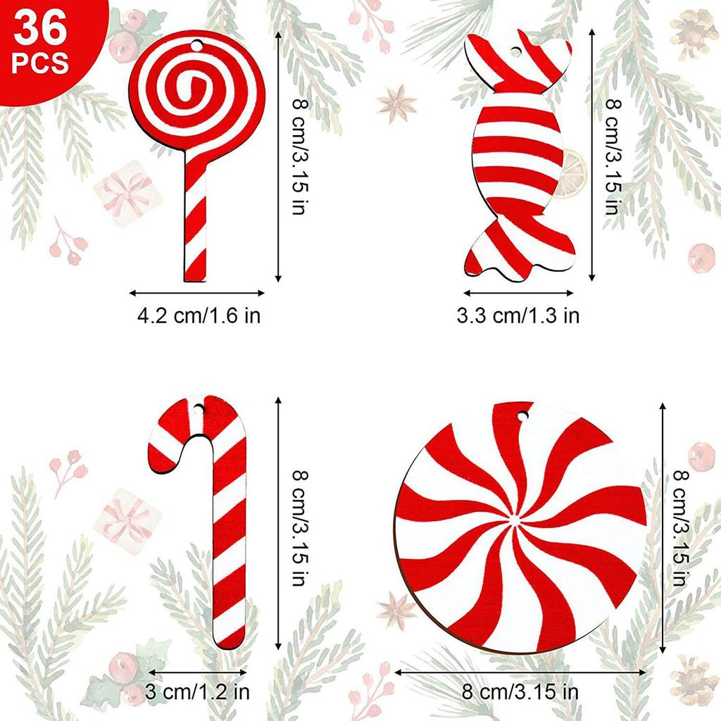 36 Pcs Candy Props Wooden DIY Candy Cane Christmas Tree Ornaments Xmas Tree Pendant Hanging Decoration For Home New Year Decor