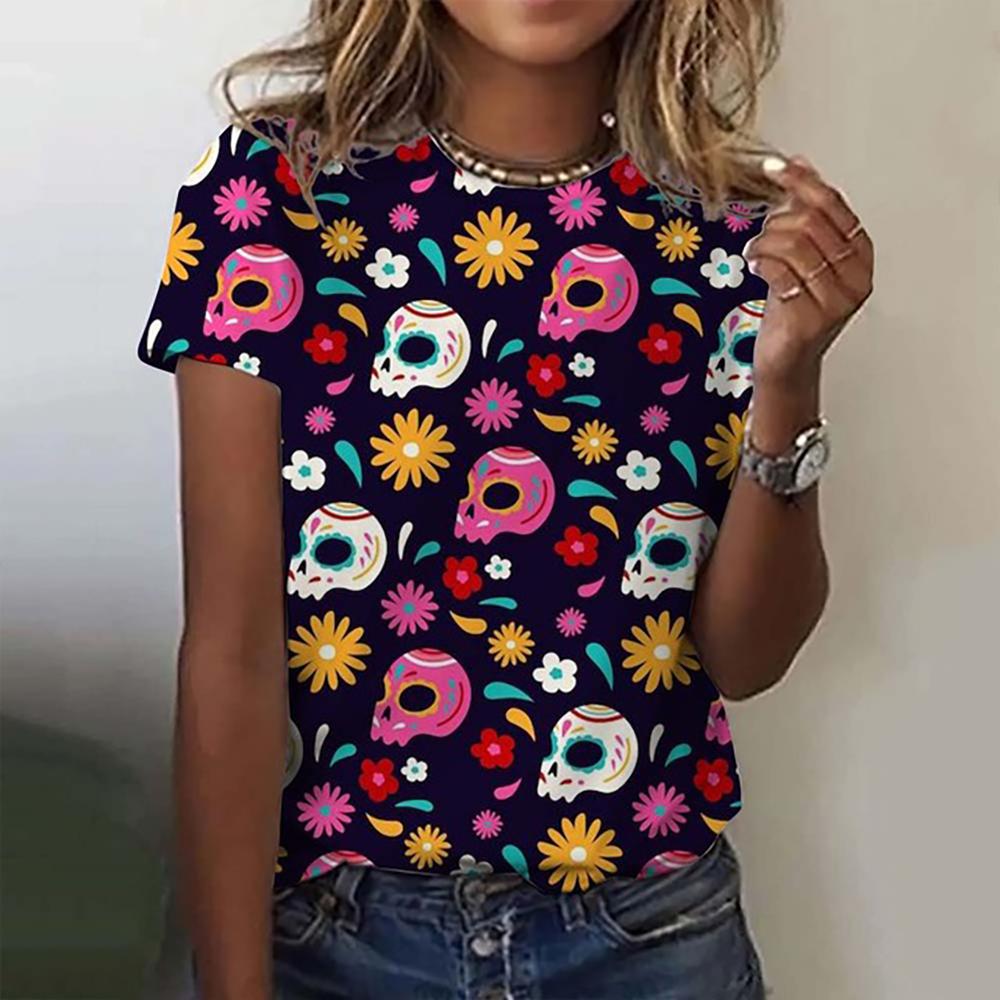 Funny Sugar Skull 3d Print Womens T Shirt Anime Cartoon Anime Mexico Summer Day of the Dead T-shirt For Men Women's Tops