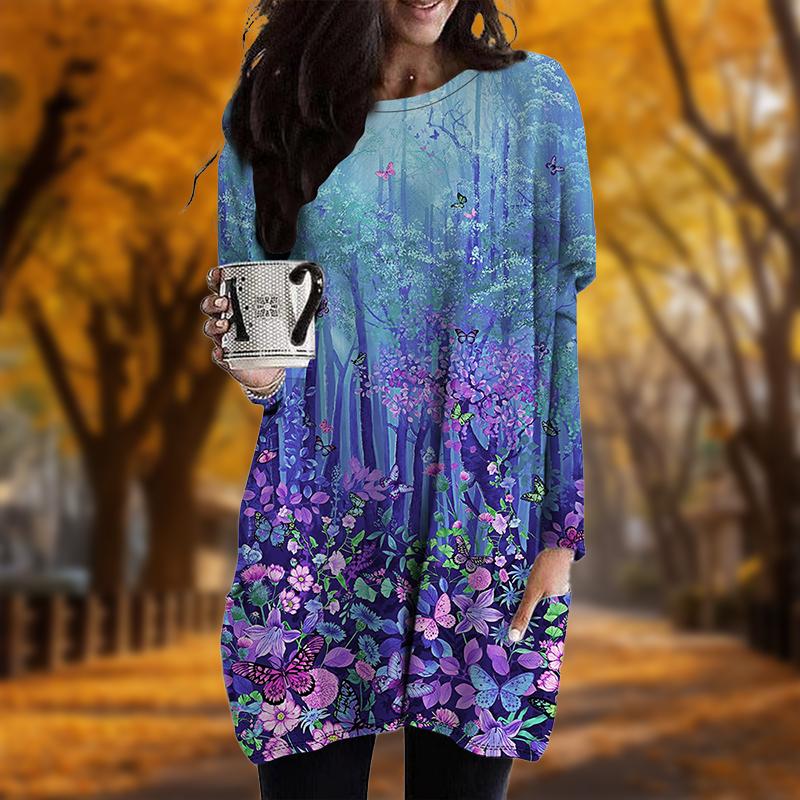 Новинка осени с принтом Blue Forest Plus Size Dress Women O neck Long Sleeves Casual — фото 3