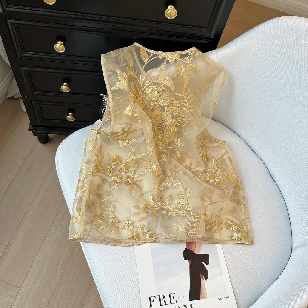 6615 gauze embroidered mesh vest women's summer retro loose thin temperament vest vest