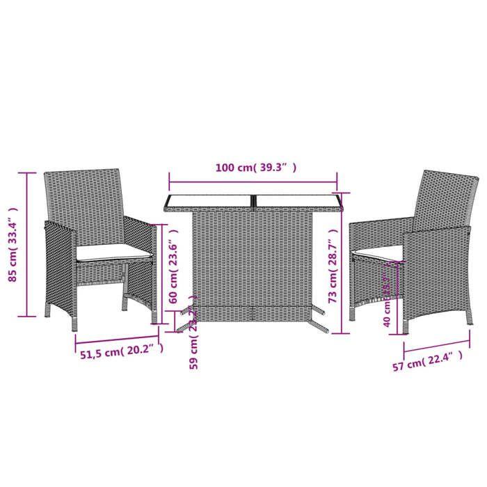 VidaXL Ensemble de Bistro avec Coussins 3 pcs, Chaises et Table de Patio, Meubles de Terrasse Arrière-cour Extérieur, Marron 365118