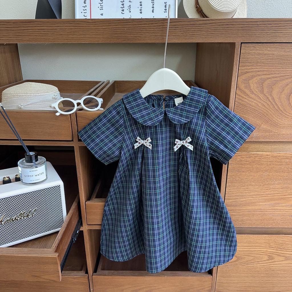 Summer Girls Plaid Dress With Bow Tie Cute Princess Short Sleeve Party Dress For Baby Toddler Children Casual Sundress