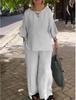 2024 Women's Cotton & Linen Casual Two-Piece Set with Seven-Sleeve Top & Wide-Leg Pants