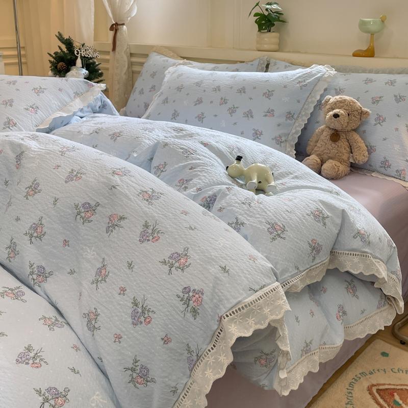 INS Korean Style Bedding Sets 2025 New Cotton Wrinkled Double-Layer Yarn Lace Bedding Sets Plaid Christmas Decor Gift Home Decor