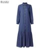 ZANZEA Women Casual Turn Down Collar Loose Long Sleeve Retro Long Dress