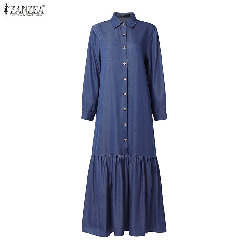 ZANZEA Women Casual Turn Down Collar Loose Long Sleeve Retro Long Dress