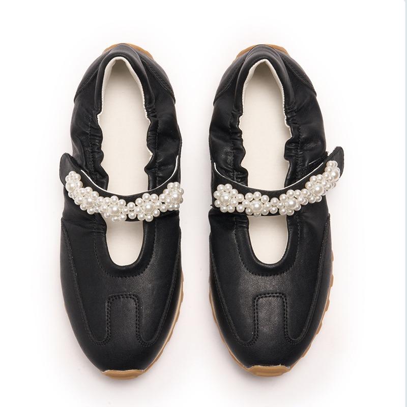 Leather platform white shoes female word with pearl Velcro ballet sports style casual Mary Jane female