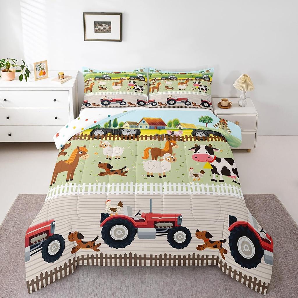 Tractor Bedding Sets for Boys Twin Size Toddler Kids Cute Cartoon Farm Animals Comforter Set Girls Children Farmhouse Country Down Comforter