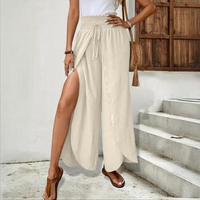 Women Pants Elastic Waist High Side Split Casual Pants Spring Summer Autumn Breathable Solid Color Loose Fit Wide Legs Trousers
