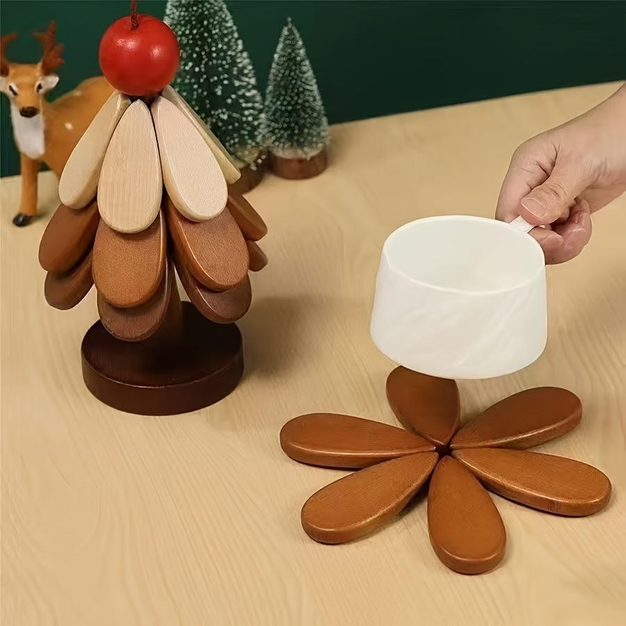 Posavasos Creativo de Madera Resistente al Calor Forma de Árbol de Navidad Plegable Mantel Individual para Decoración de Cocina
