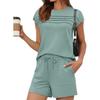 Women's Round Neck Short Sleeve Loose Fit Pleated Solid Color 2 Piece Loungewear Set Drawstring Waist Casual Shorts Daily Sleepwear Outfit