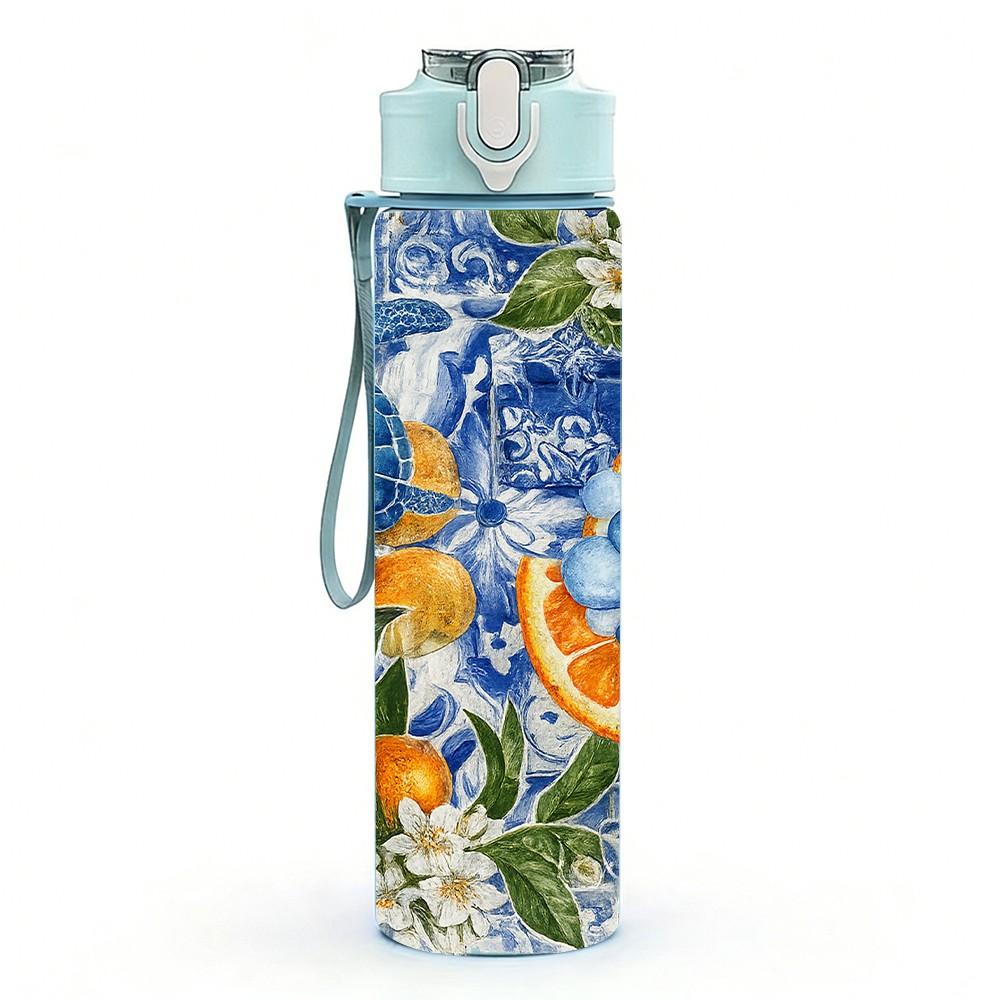 1PC Citrus Fruit Blue Floral Art Print 750ml Color Plastic Sports Water Bottle Leakproof Flip Straw Lid Suitable for Sports Office Home Use