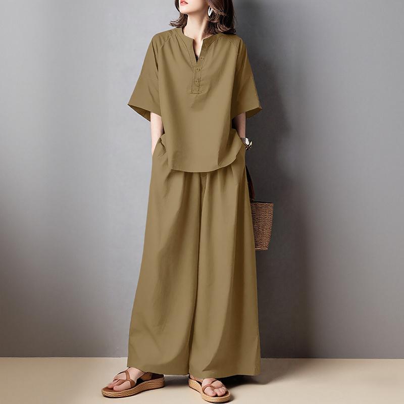 ZANZEA Women 3/4 Sleeve Blouse and Pants Casual Two Piece Suit Sets