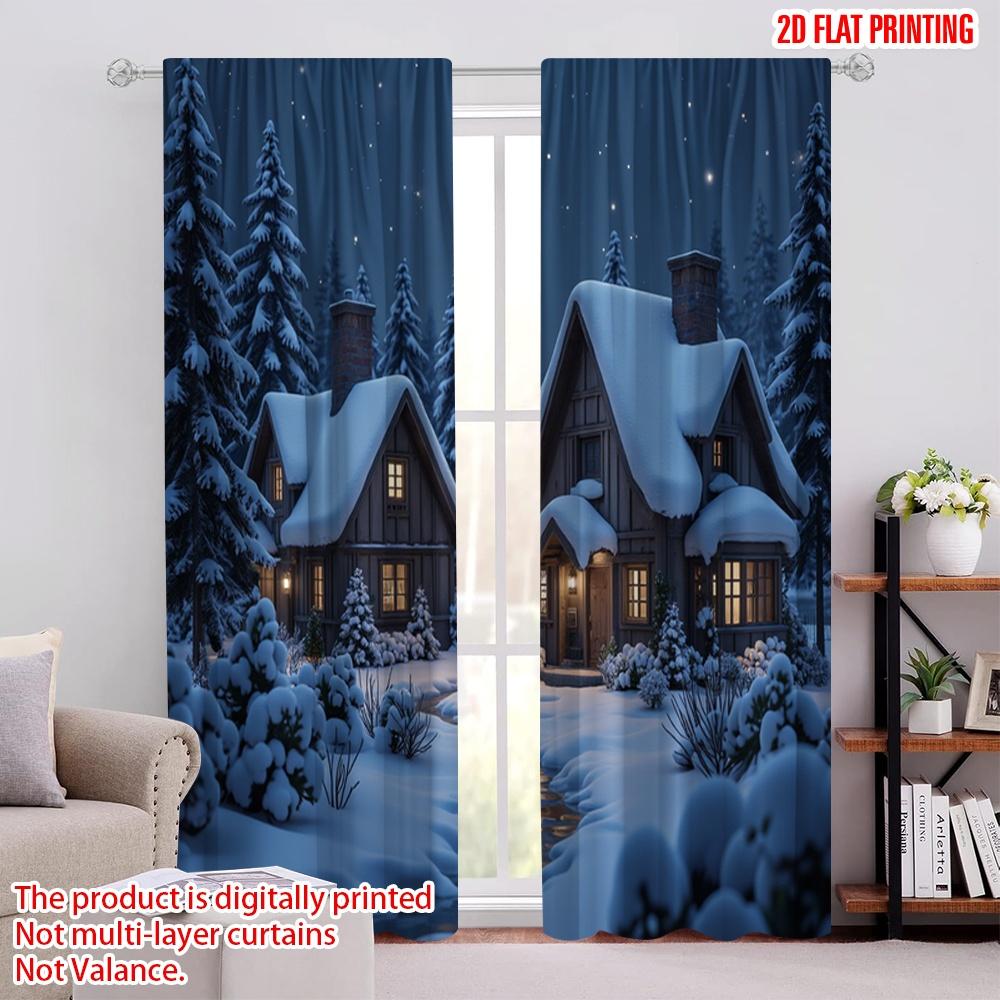 

Set Of 2 Flat Printing Merry Christmas Popular Curtains Snow Village Winter Fabric Without Electricity Party Holiday Decor Curtain Polyester W100*H70(CM)-Hooks&2PCS