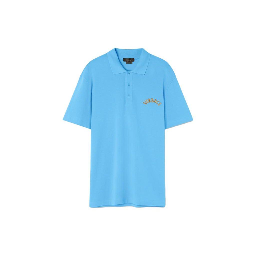 Versace Ss23 Solid Color Letter Embroidered Short Sleeve Polo Shirt Men Polo Shirts Blue 1010639-1A07698-1VA90