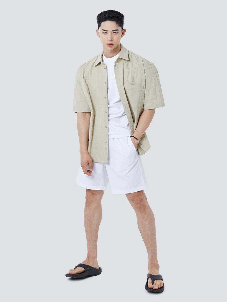 NINEZ Wide Shoulder Oversized Short Sleeve Shirt (Beige) 24Sh01