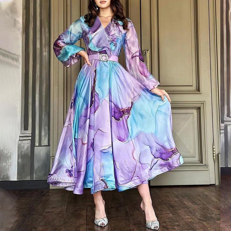 Spring and suer new printed pendulum lapel mesh dress couter large size women's dress