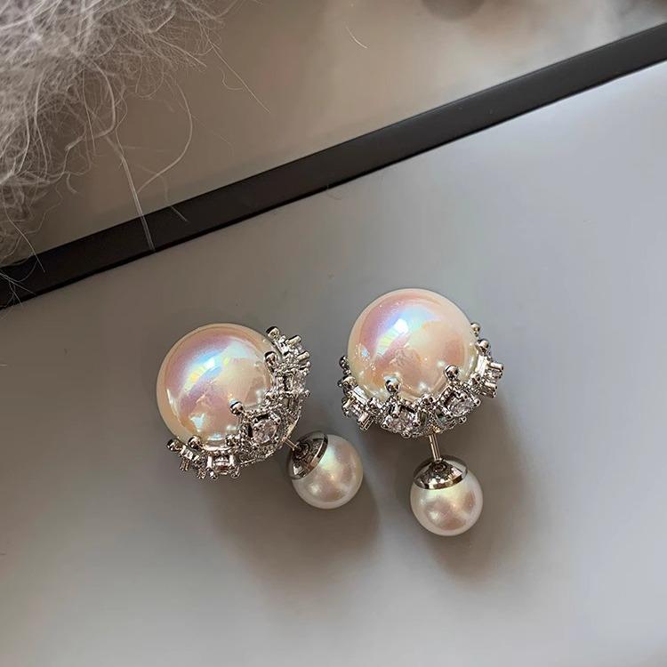 Unique Silver Diamond-encrusted Crown Pink Pearl Earrings Women's Light Luxury Niche Design Sense High-end Temperament Stud Earrings