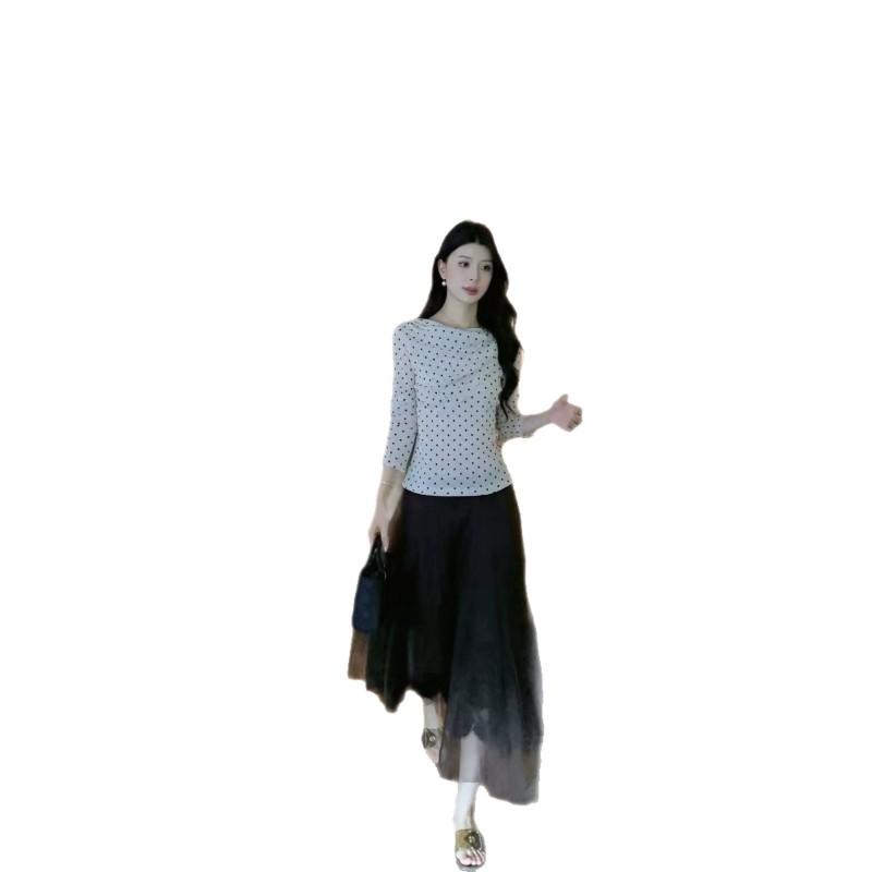 Womens Long Sleeve Shirt Polka Dot Knit Deep V-neck Fall Casual Top Versatile Daily Wear
